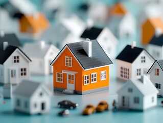 Poster - a tightly arranged group of modest pristine white houses encircling a striking radiant orange home i