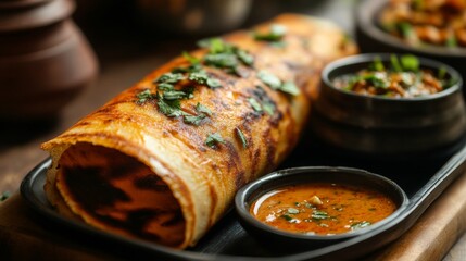 Poster - A close-up of a dosa served with a drizzle of ghee, garnished with chopped coriander and accompanied by a bowl of spicy sambar, highlighting the dish's richness.