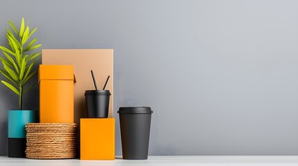 Poster - A visually captivating collection of practical storage solutions featuring a harmonious arrangement of cardboard boxes wicker baskets and metallic containers displayed on a light toned wooden surface