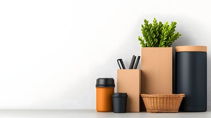 Poster - A visually harmonious and organized composition featuring a collection of practical storage solutions including cardboard boxes wicker baskets and metallic containers
