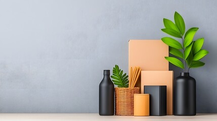 Poster - A visually harmonious and organized composition featuring a collection of practical storage solutions including cardboard boxes wicker baskets and metallic containers