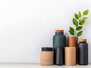 Poster - An array of storage containers in a variety of shapes textures and materials including cardboard wicker and metal pieces arranged on a light wooden surface