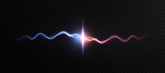 Poster - Glowing blue and red energy waves meet in a brilliant flash against a dark background. A dynamic symbol of connection, fusion or magical clash in a sci-fi or fantasy context.