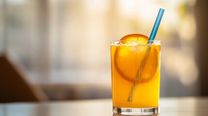 Poster - A close-up of a glass of orange juice with a colorful straw, placed on a sunlit table, highlighting the drink's freshness and vibrant color against a soft background.