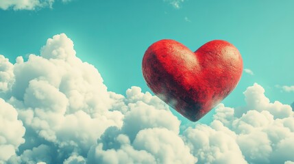Aufkleber - Red heart floating amidst fluffy white clouds and a vibrant blue sky.