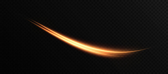 Fototapete - Orange gold light trail with neon effect bright glow on black background. Curved line with bright rays for futuristic and technological design.