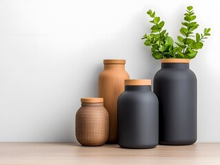 Poster - An assortment of storage containers in various shapes textures and materials   cardboard wicker and metal pieces   elegantly displayed on a light wooden table in a minimalist