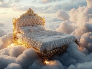 Wall Mural - ornate golden bed floating in dreamy clouds, glowing softly in magical sky, fantasy-inspired dreamsc