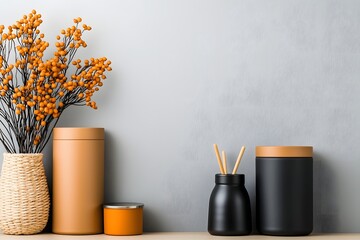 Poster - Artful arrangement of cardboard cubbies  wicker baskets  and metallic tins showcased on a light wooden tabletop  featuring a simple and streamlined design with bright