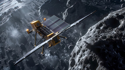 Poster - This Automated spacecraft engages in asteroid excavation for regolith extraction in outer space.