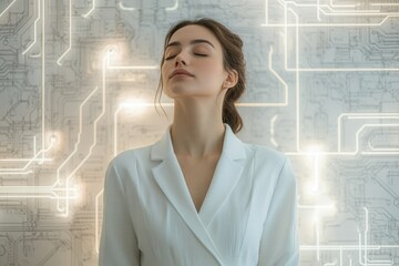 Fototapete - Serene woman in white blazer against a futuristic circuit board background, eyes closed.