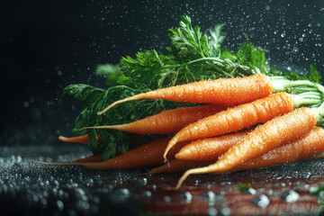 Poster - Vibrant, freshly washed carrots with lush green tops are highlighted by sparkling water droplets on a dark surface