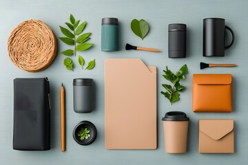 Poster - Artfully arranged flat lay showcasing a curated assortment of sleek storage containers in wicker cardboard and metallic finishes displayed on a light wooden backdrop