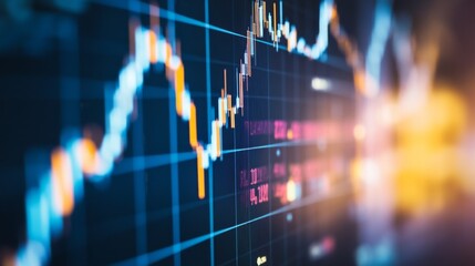 Poster - A close-up of a stock market chart with fluctuating lines and candlestick patterns on a computer screen, highlighting recent changes in stock prices.