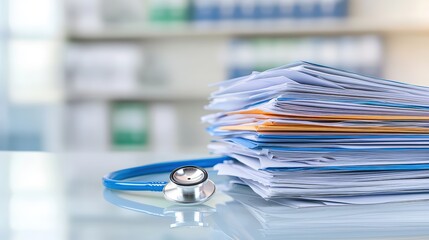 Poster - A stethoscope rests next to a pile of medical paperwork, symbolizing healthcare documentation and patient management in a clinical setting, health info records management.