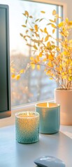 Poster - Hygge Home Office Serenity Soft Ambient Candle Styling with Textural Ceramic Vessels and Autumn Light - Mindful Workspace Wellness Aesthetic