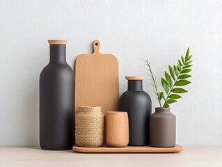 Poster - Assortment of decorative storage containers with varying shapes and textures including cardboard wicker and metal pieces arranged on a light colored wooden table or surface
