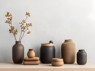 Poster - Assortment of decorative storage containers with varying shapes textures and materials including cardboard wicker and metal