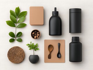 Poster - Assortment of Diverse Storage Containers in Minimalist Flat Lay Display Featuring Cardboard Wicker