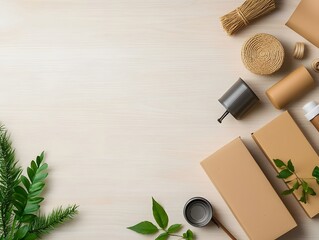 Poster - Assortment of diverse storage containers in various forms and textures including cardboard wicker and metal pieces arranged on a light wooden surface