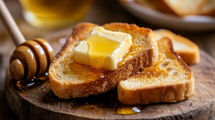 Poster - A close-up of golden-brown toast with a crispy texture, spread with creamy butter and a drizzle of honey, placed on a rustic wooden board.