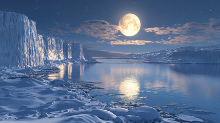 Poster - The tranquil glow of a full moon reflects on still waters, surrounded by snowy cliffs under a starry sky
