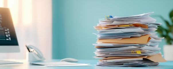 Poster - A cluttered desk with a large stack of papers, showcasing an organized mess in a bright, modern workspace, health info records management.