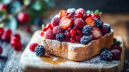 Poster - A close-up of honey toast topped with a colorful assortment of berries and a dusting of powdered sugar, creating a vibrant and inviting dessert.