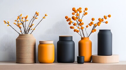 Poster - Assortment of storage containers in various materials including cardboard wicker and metal elegantly displayed on a light wooden table