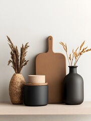 Poster - Assortment of Stylish Storage Containers in Diverse Materials Including Cardboard Wicker and Metal Pieces Neatly Arranged in a Flat Lay Composition on a Light Wooden Surface