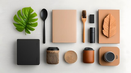 Poster - Assortment of various storage containers cardboard wicker and metal pieces arranged neatly on a light wooden surface