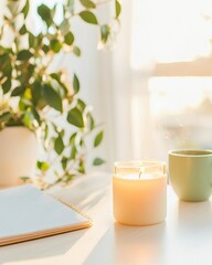 Poster - Mindful Morning Productivity Soft Pastel Home Office Wellness Scene with Natural Light, Scented Candle and Minimalist Workspace Design for Creative Professionals