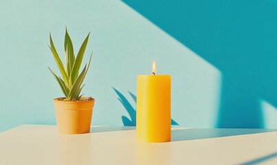 Poster - Minimalist Home Office Wellness Vibrant Yellow Candle and Succulent Plant - Mindful Productivity Aesthetic for Modern Creative Workspace Design