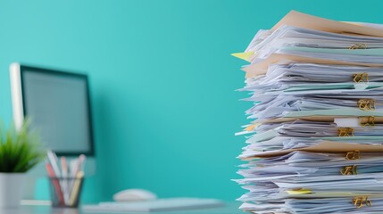 Poster - A cluttered stack of paperwork sits on a desk in front of a computer, set against a bright teal wall, suggesting a busy work environment, health info records management.