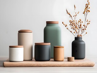 Poster - Beautifully Arranged Minimalist Flat Lay Displaying an Assortment of Elegant Home Storage Containers in Muted Natural Materials and Colors for a Tidy Sophisticated and Stylish Living Space