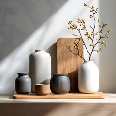 Poster - Beautifully curated arrangement of various ceramic woven and metal storage containers and vases in a minimalist Japandi inspired composition on a light toned wooden surface with soft