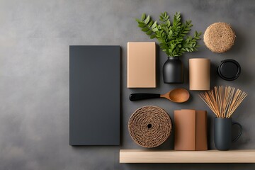 Poster - Beautifully Curated Flat Lay Arrangement Showcasing a Variety of Complementary Storage Containers in Natural Materials Like Wicker Cardboard and Metal Placed on a Wooden Table
