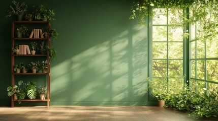 Poster - Cozy indoor space with green walls, a bookshelf, and abundant natural light filtering through large windows.