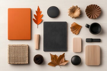 Poster - Carefully arranged assortment of various storage items containers and accessories in neutral textures and materials such as cardboard wicker and metal neatly displayed on a light wooden backdrop