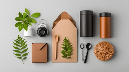 Poster - Carefully Arranged Flat Lay Showcasing a Collection of Cardboard Wicker and Metallic Storage Containers in a Bright Scandinavian Inspired Home Organization Setup