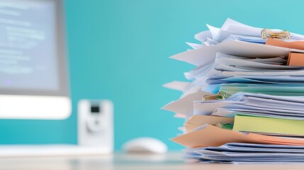 Poster - A stack of colorful paper documents and files rests on a desk, with a computer and a monitor blurred in the background, health info records management.