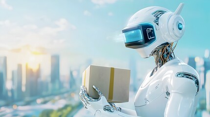 Poster - A robot is holding a box in its hand