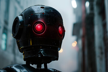 Aufkleber - Futuristic robot head with glowing red eyes in rainy cityscape