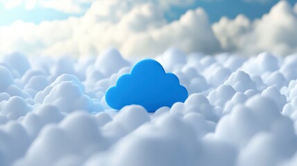 Poster - A single blue cloud icon sits amongst many fluffy white clouds under a bright sky.
