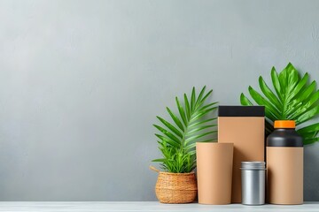 Poster - Carefully curated flat lay arrangement featuring a selection of stylish storage containers including cardboard wicker and metallic pieces