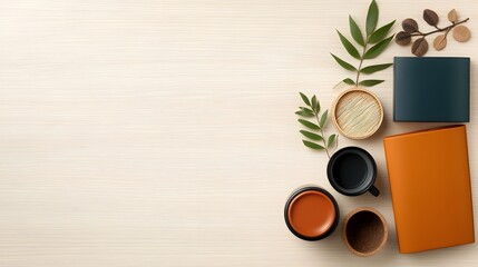 Poster - Carefully curated flat lay arrangement showcasing an assortment of storage containers in complementary materials and hues such as cardboard wicker and metal