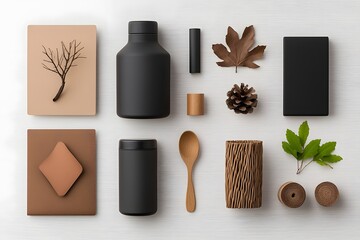Poster - Carefully curated flat lay presentation highlighting an eclectic collection of storage containers in different shapes  textures  and materials such as cardboard  wicker  and metal