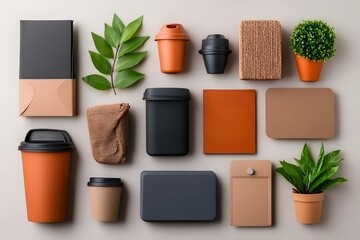 Poster - Carefully curated flat lay presentation highlighting an eclectic collection of storage containers in different shapes textures and materials such as cardboard wicker and metal