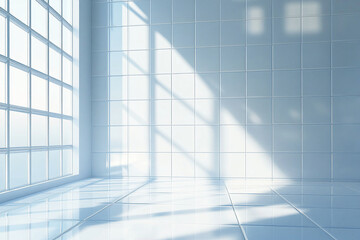 Aufkleber - White tiled room with large window, sunlight casting shadows showcasing clean, minimalist design, ideal for product display or advertisement mockup