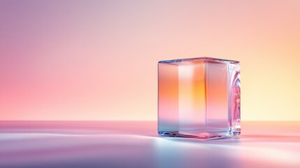 Poster - A minimalist, transparent glass block sits elegantly against a pastel-colored background, enhancing the beauty of simplicity and light reflections in modern artistic design.